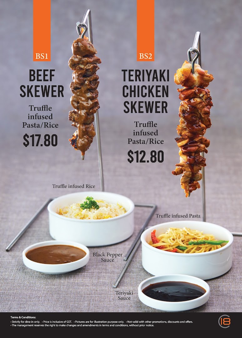 A menu displaying beef and teriyaki chicken skewers served with truffle-infused pasta or rice.