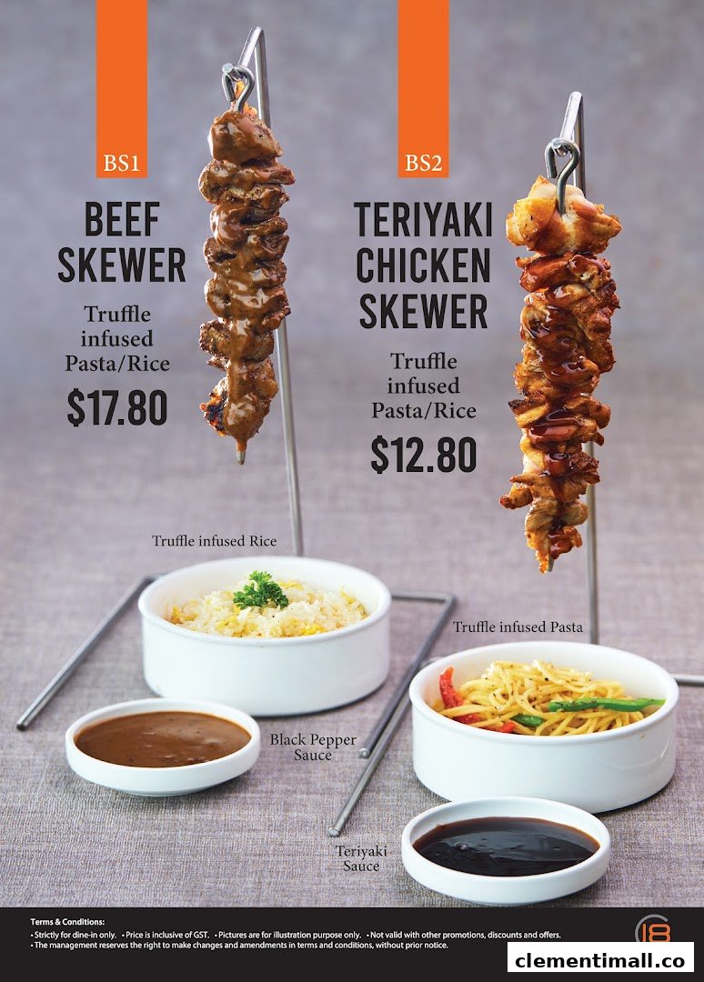 A menu displaying beef and teriyaki chicken skewers served with truffle-infused pasta or rice.