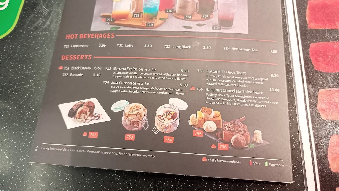A menu page displaying hot beverages and a variety of tempting desserts with prices and descriptions.
