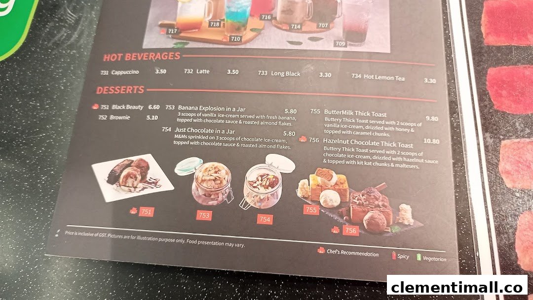 A menu page displaying hot beverages and a variety of tempting desserts with prices and descriptions.