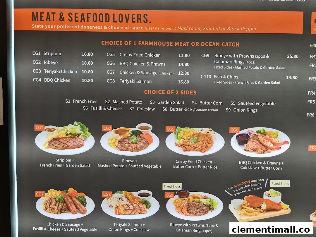 A detailed menu board displaying meat and seafood main courses with side dish options.
