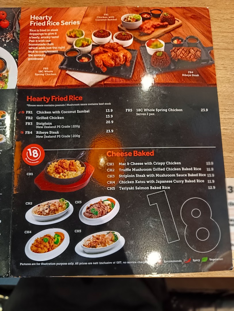 A detailed menu showcasing Hearty Fried Rice and Cheese Baked dishes with prices and descriptions.