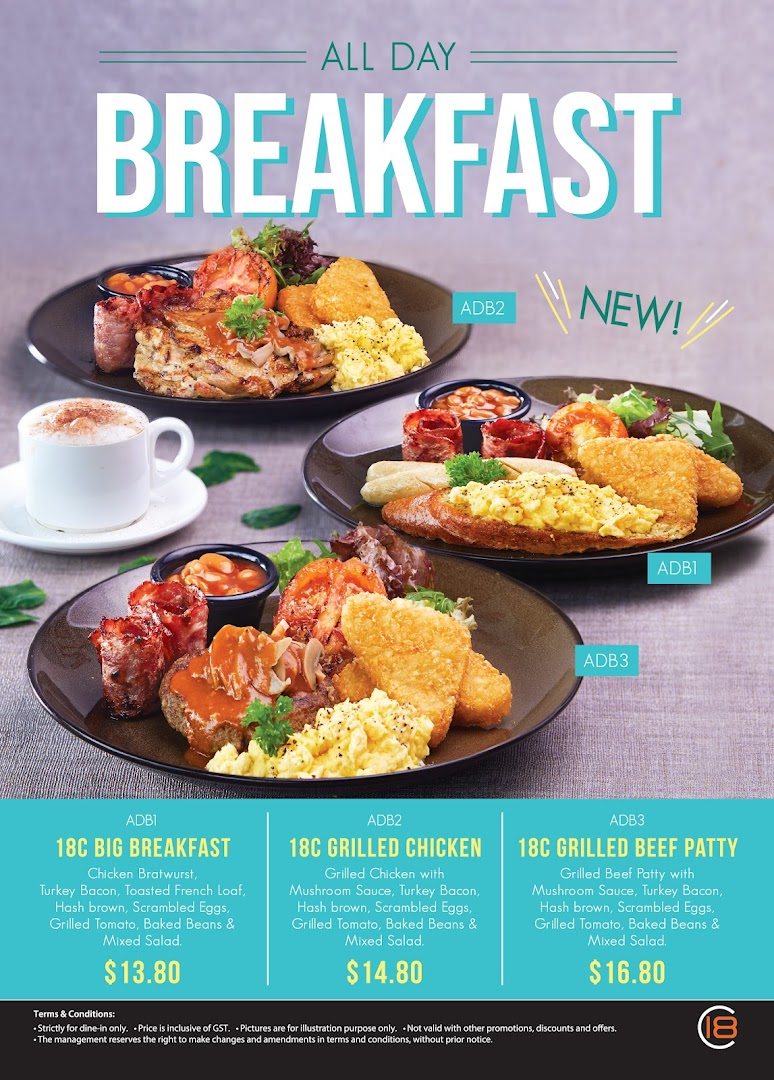 A vibrant menu showcasing Eighteen Chefs' all-day breakfast options with detailed descriptions and prices.