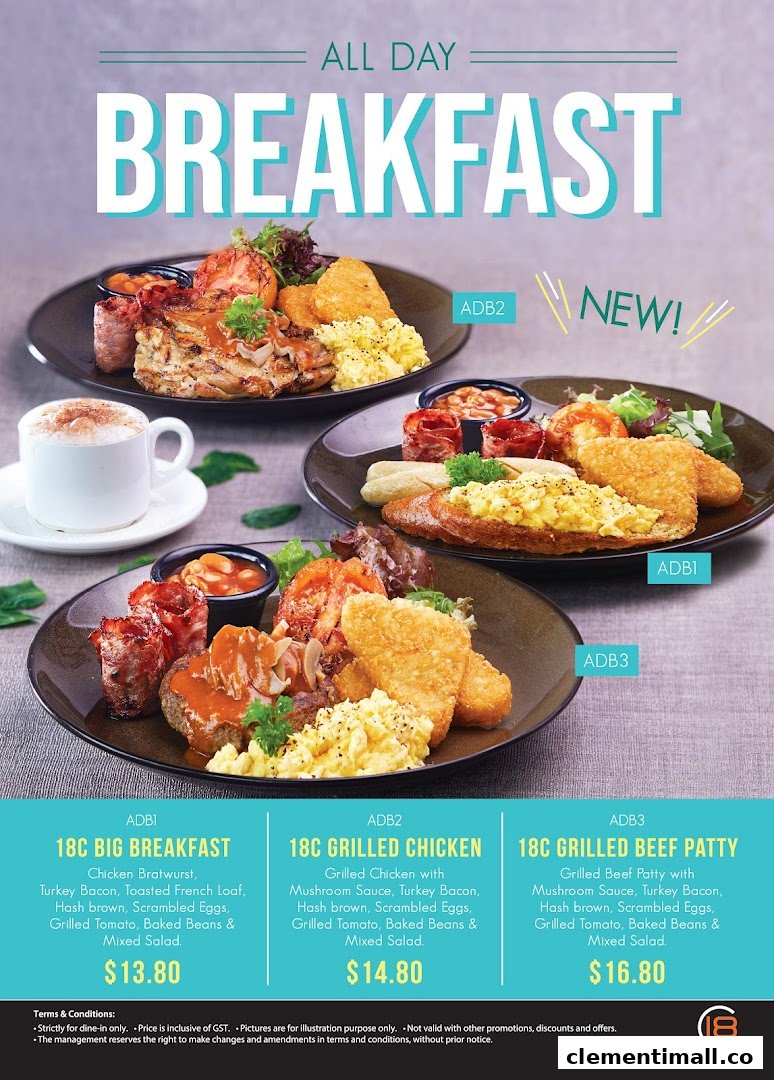 A vibrant menu showcasing Eighteen Chefs' all-day breakfast options with detailed descriptions and prices.