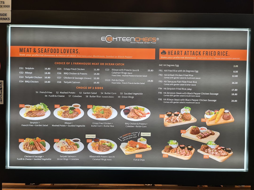 A bright digital menu board displaying a variety of Western and Asian fusion dishes with prices.