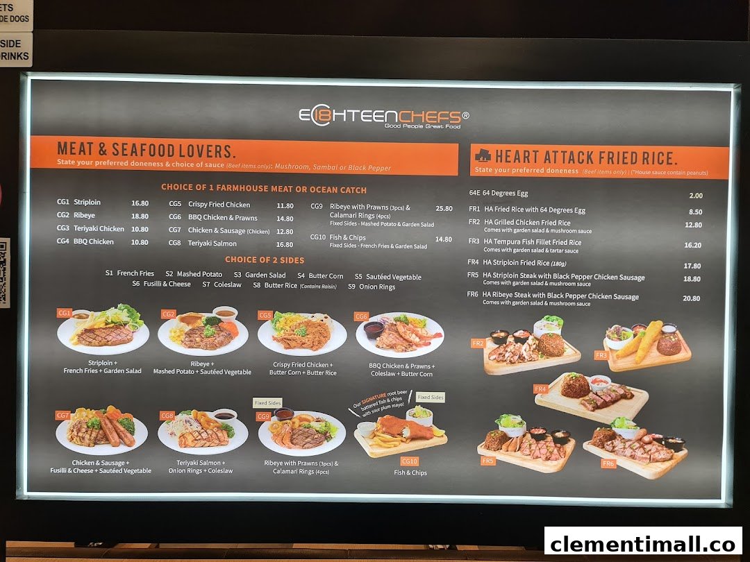A bright digital menu board displaying a variety of Western and Asian fusion dishes with prices.