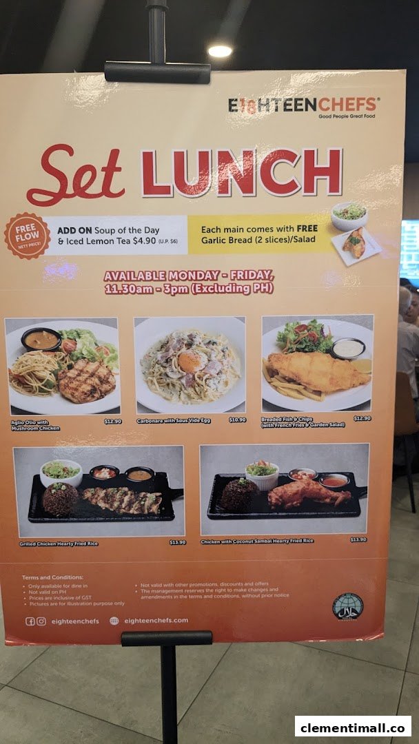 A menu board from Eighteen Chefs displaying their set lunch promotions with various dishes and prices.