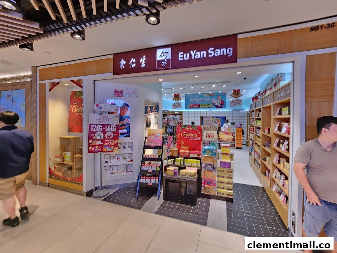 The storefront of Eu Yan Sang, featuring its entrance, interior view, and promotional displays.