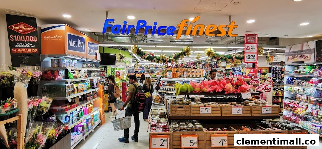A bustling interior view of FairPrice Finest supermarket with shoppers, fresh produce, and various products.