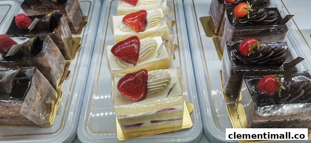 Rows of delicious chocolate and strawberry cakes displayed in a bakery showcase.