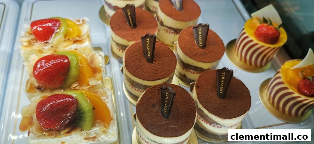 A vibrant display of individual tiramisu cups, fruit tarts, and other delightful pastries in a dessert case.