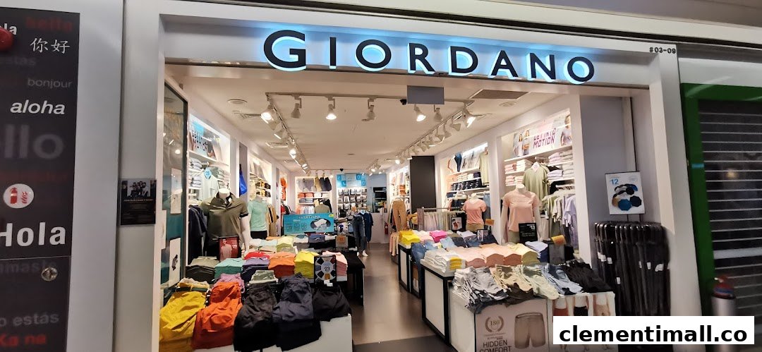 The storefront of Giordano, an apparel shop, showcasing a wide range of casual clothing and accessories.