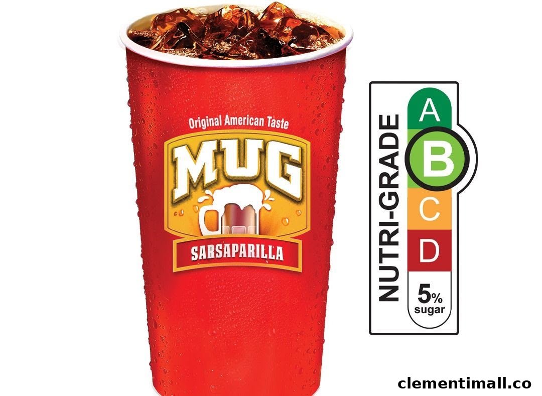 A red cup of Mug Sarsaparilla with ice and a Nutri-Grade B label.