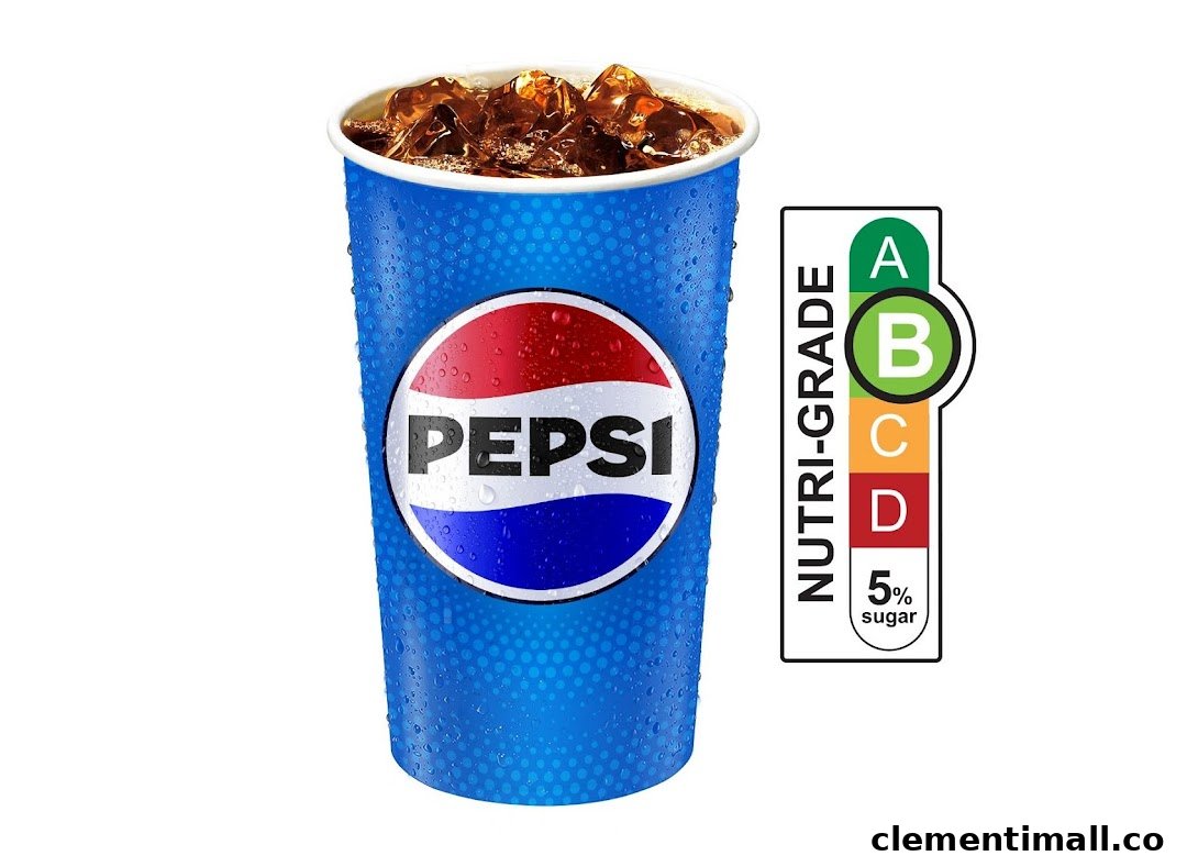 A refreshing Pepsi drink in a blue cup with ice and a Nutri-Grade B label.