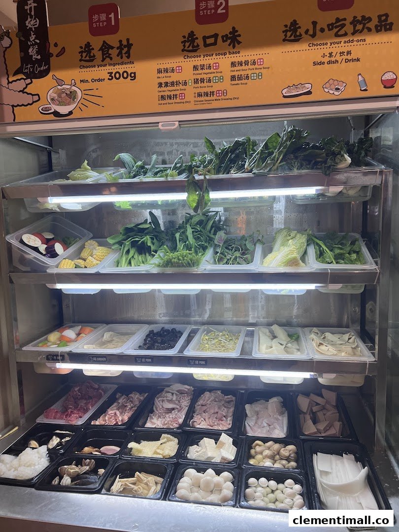 A vibrant display of fresh ingredients and ordering steps for a customizable mala tang experience.
