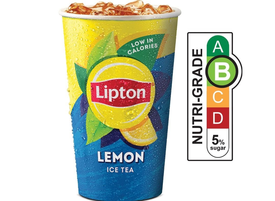 A vibrant image of a Lipton Lemon Ice Tea cup with ice and Nutri-Grade label.