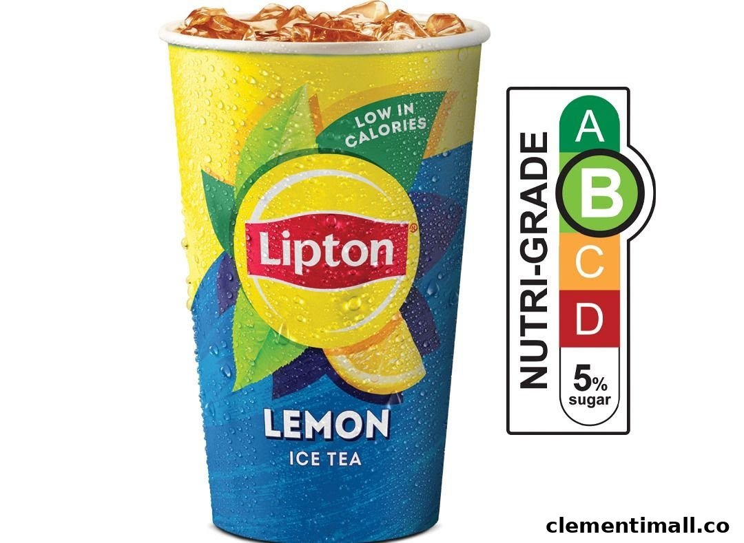 A vibrant image of a Lipton Lemon Ice Tea cup with ice and Nutri-Grade label.