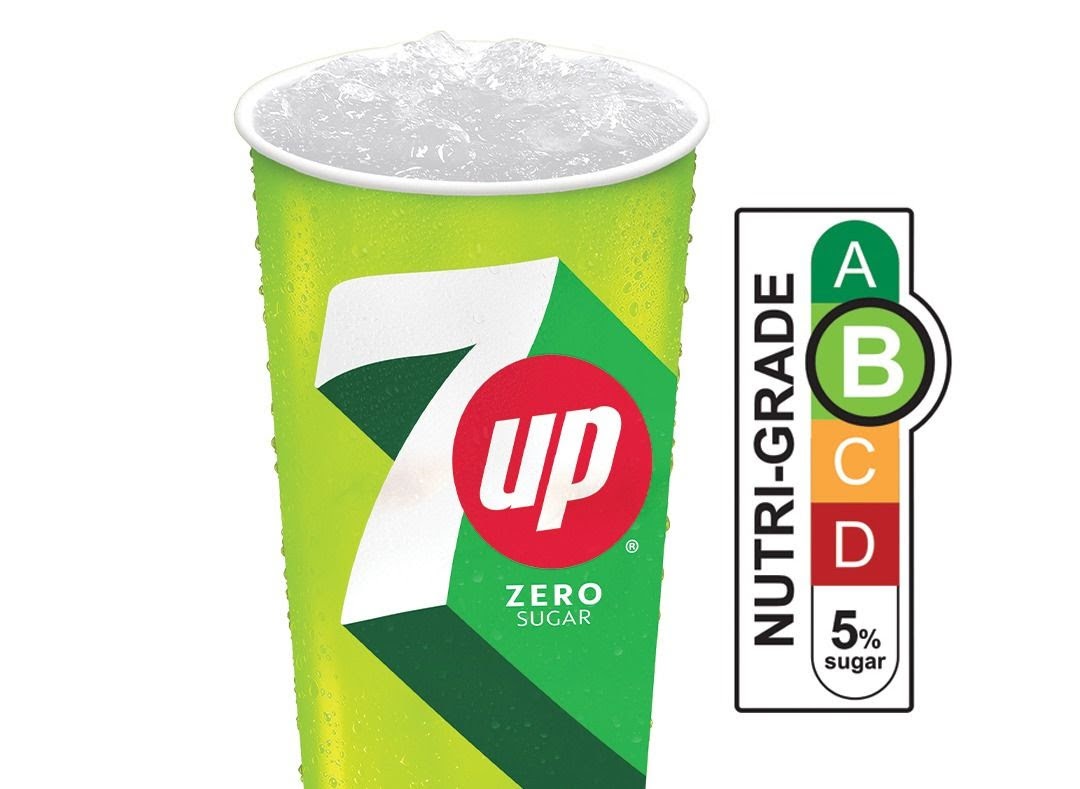 A refreshing 7UP Zero Sugar drink with ice, featuring a Nutri-Grade B label.