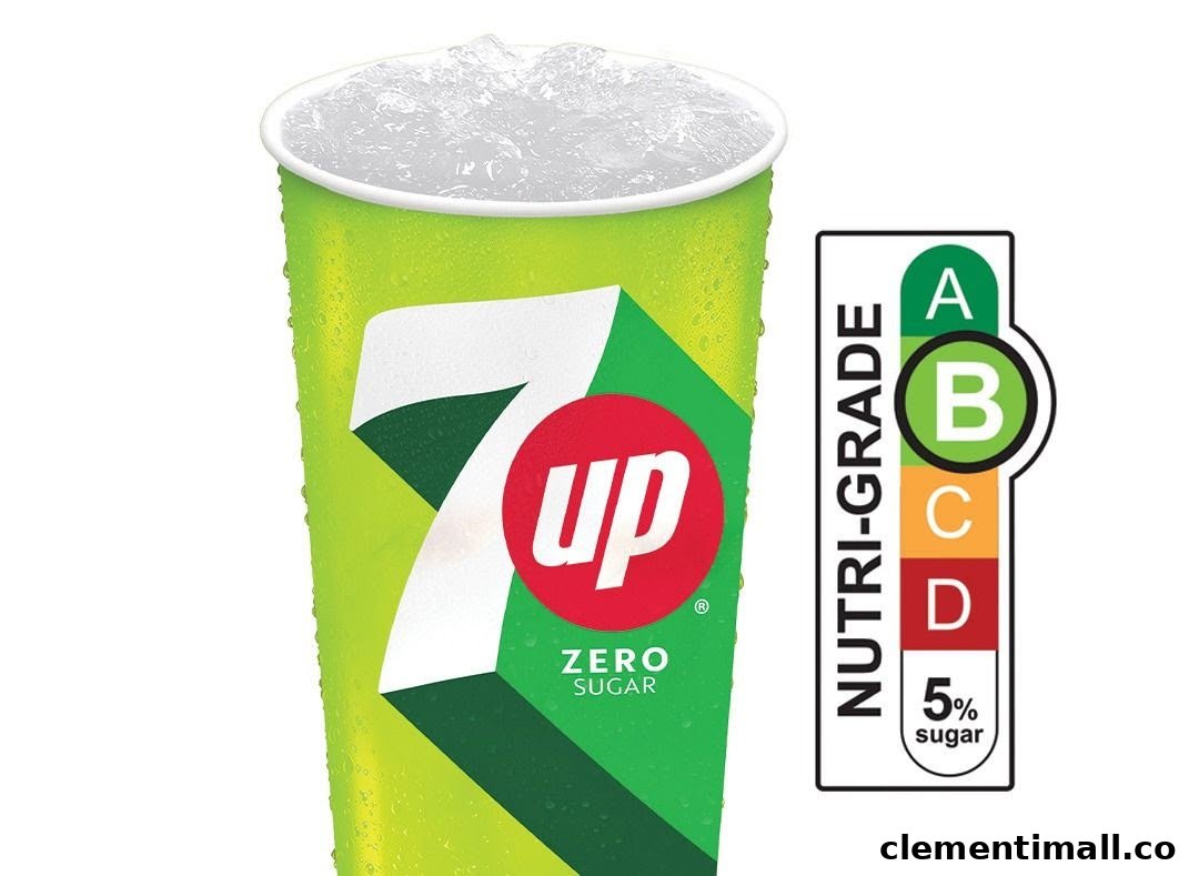 A refreshing 7UP Zero Sugar drink with ice, featuring a Nutri-Grade B label.