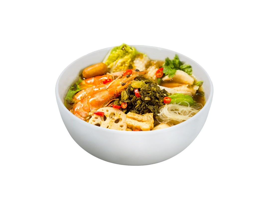 A vibrant bowl of Mala Tang featuring shrimp, vegetables, and various ingredients.