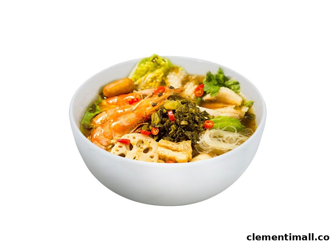 A vibrant bowl of Mala Tang featuring shrimp, vegetables, and various ingredients.