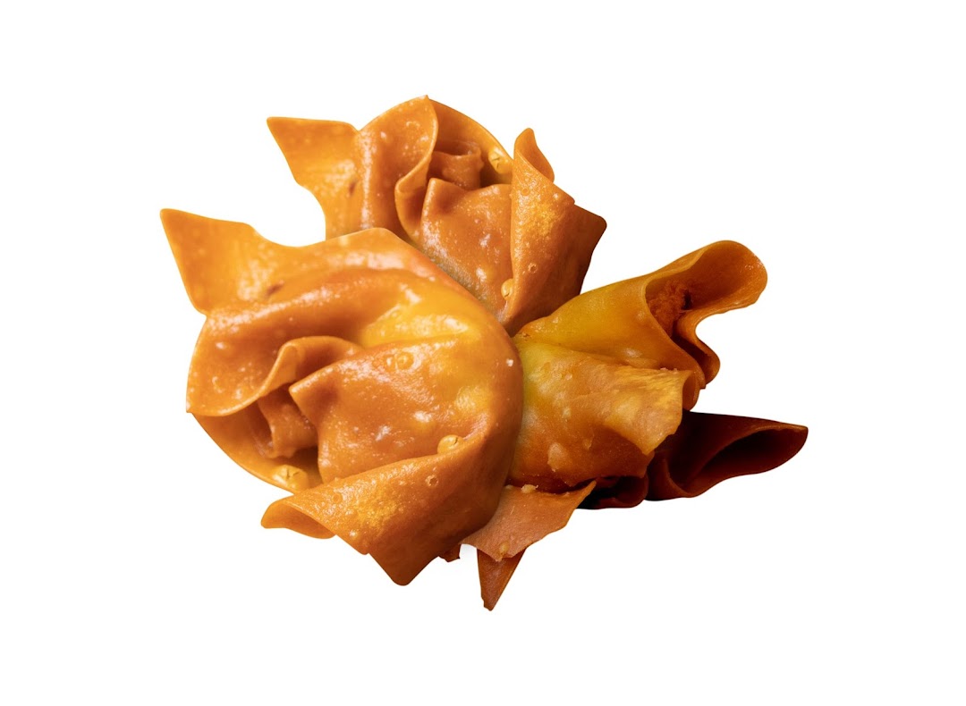 A close-up of a golden-brown, fried, folded food item, likely a crispy wonton or dumpling.