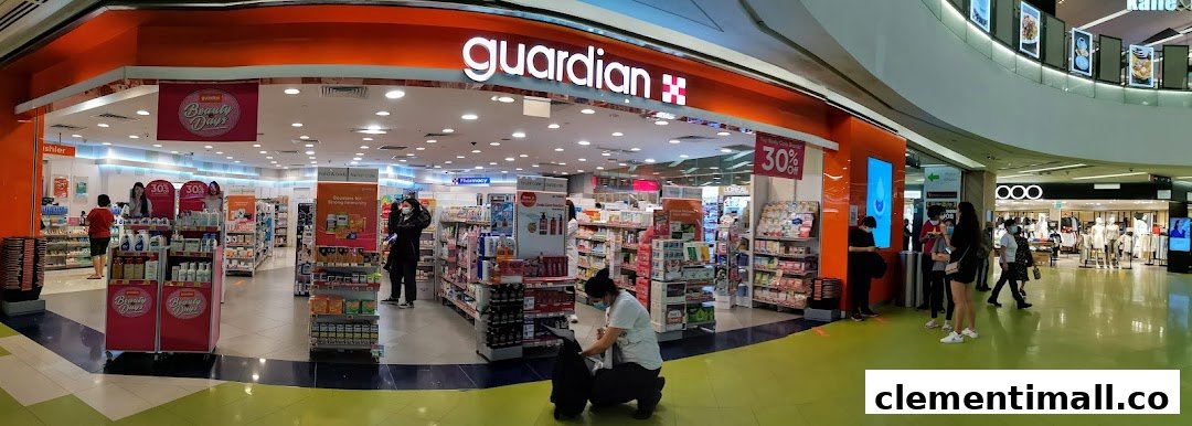 The Guardian Health & Beauty pharmacy entrance at Clementi Mall, showcasing various health and beauty products.