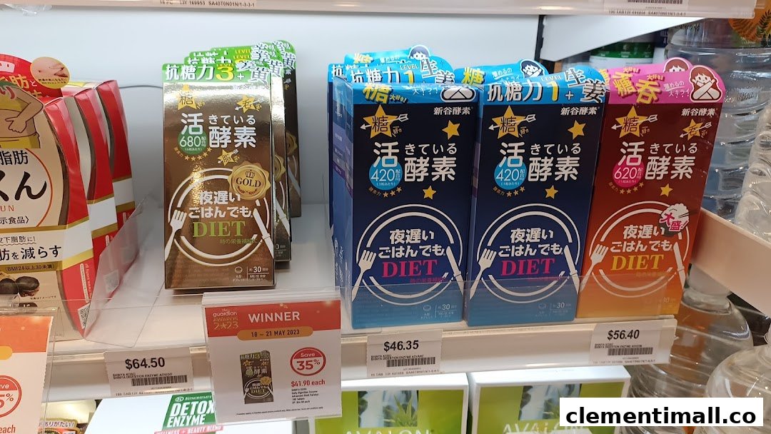 A shelf display of various Japanese diet and enzyme supplements, including 'Shinya Koso' products, with prices visible.
