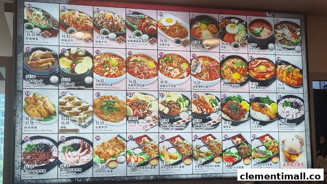 A vibrant menu board displaying a wide array of Korean dishes with photos and prices.