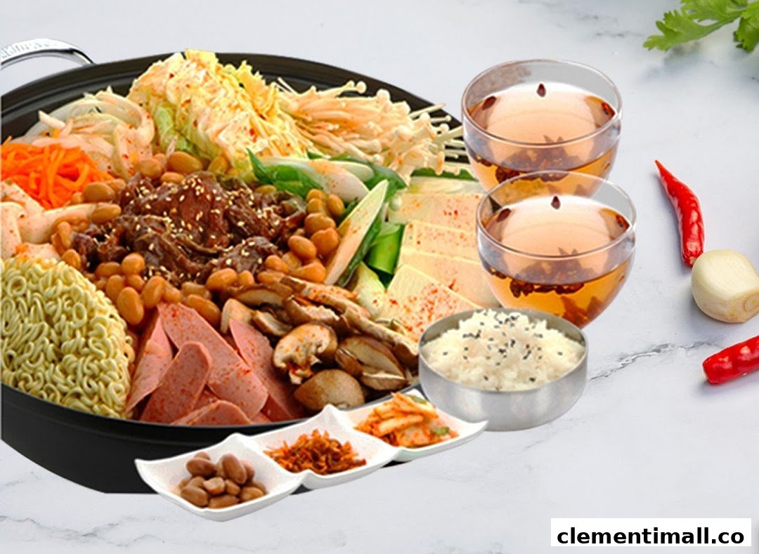 A vibrant Korean hot pot with various ingredients, side dishes, rice, and drinks.