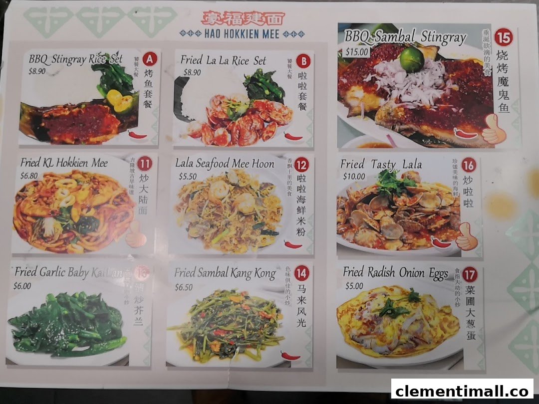 A detailed menu board displaying various Hokkien Mee and local delight dishes with prices and images.