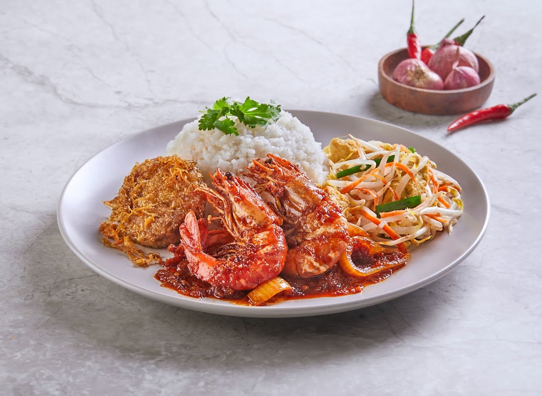A vibrant plate featuring rice, sambal prawns, a crispy omelet, and stir-fried bean sprouts.