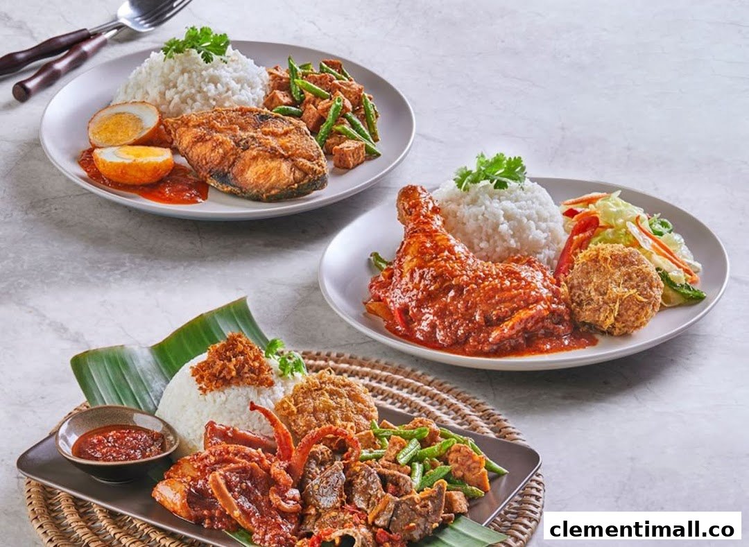 Three plates of traditional Malay/Indonesian dishes featuring rice, various meats, vegetables, and sambal.