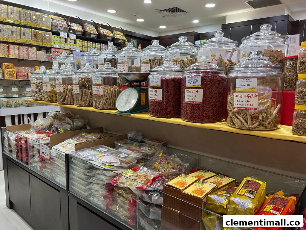 Interior view of Hockhua Tonic, showcasing traditional Chinese herbs and tonics in glass jars and packaged goods.