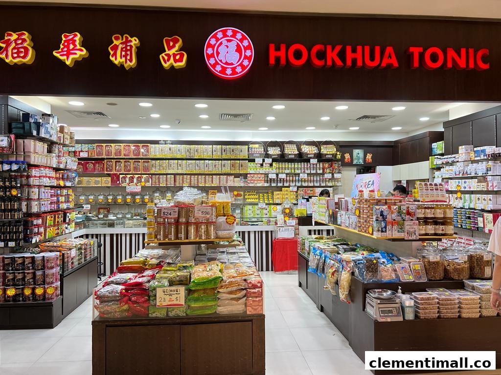 The interior of Hockhua Tonic, showcasing shelves filled with traditional Chinese health products and tonics.