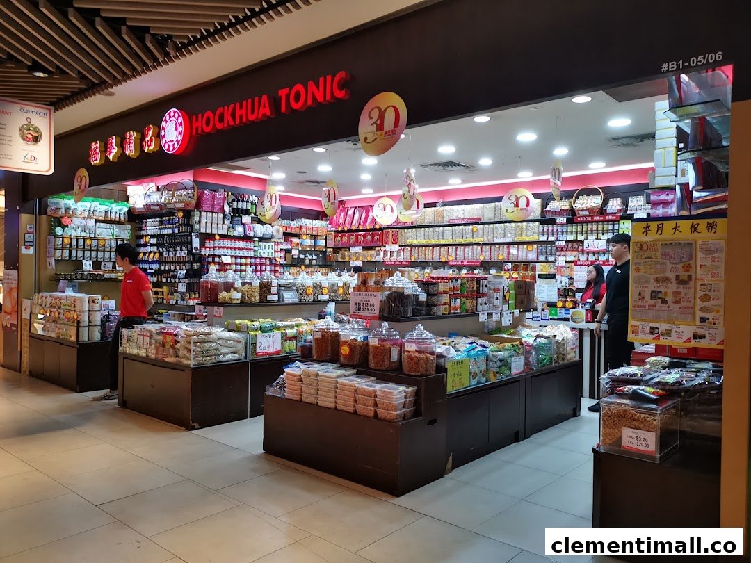 The brightly lit entrance of Hockhua Tonic, showcasing a wide array of health and wellness products.