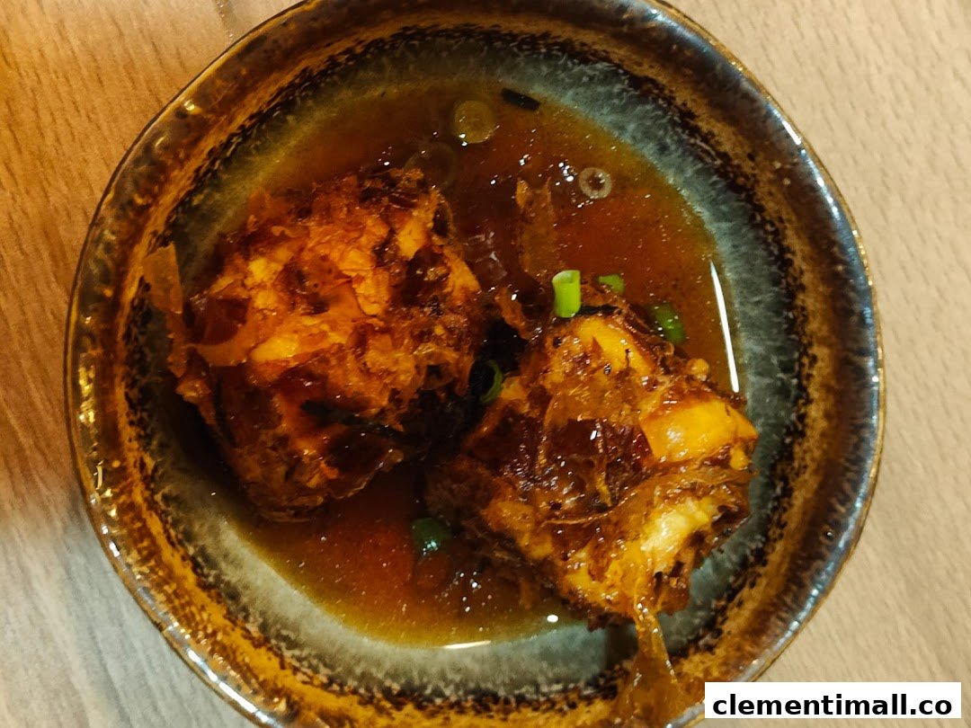 A close-up of two savory, deep-fried items in a rich brown sauce, garnished with green onions.