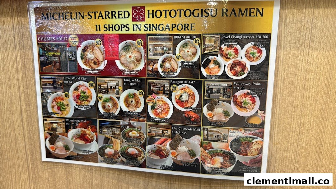 A promotional poster showcasing various Michelin-starred ramen dishes and Hototogisu Ramen's 11 Singapore locations.