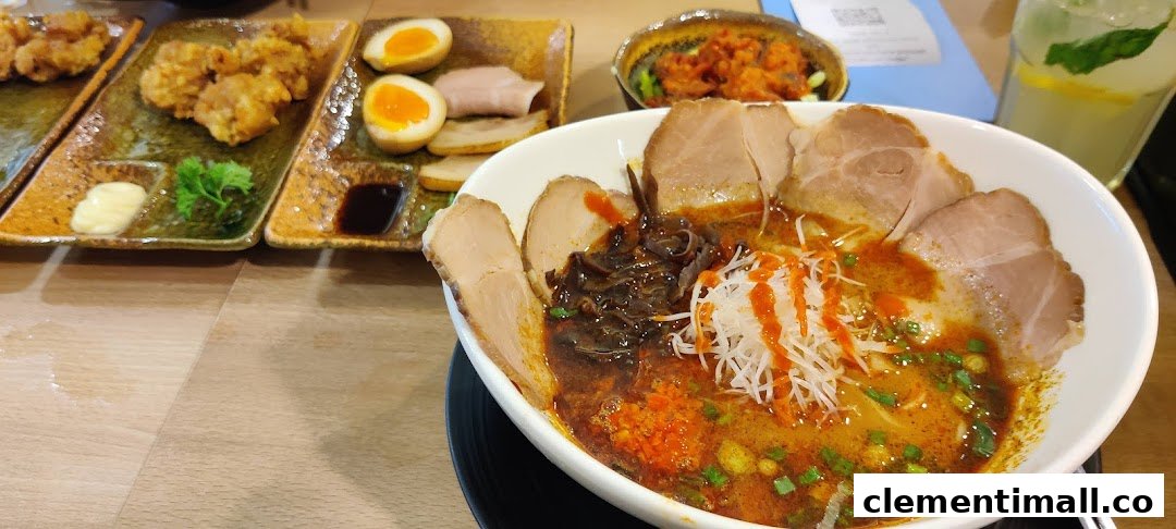 A vibrant bowl of ramen with chashu pork, accompanied by karaage, eggs, and a refreshing drink.