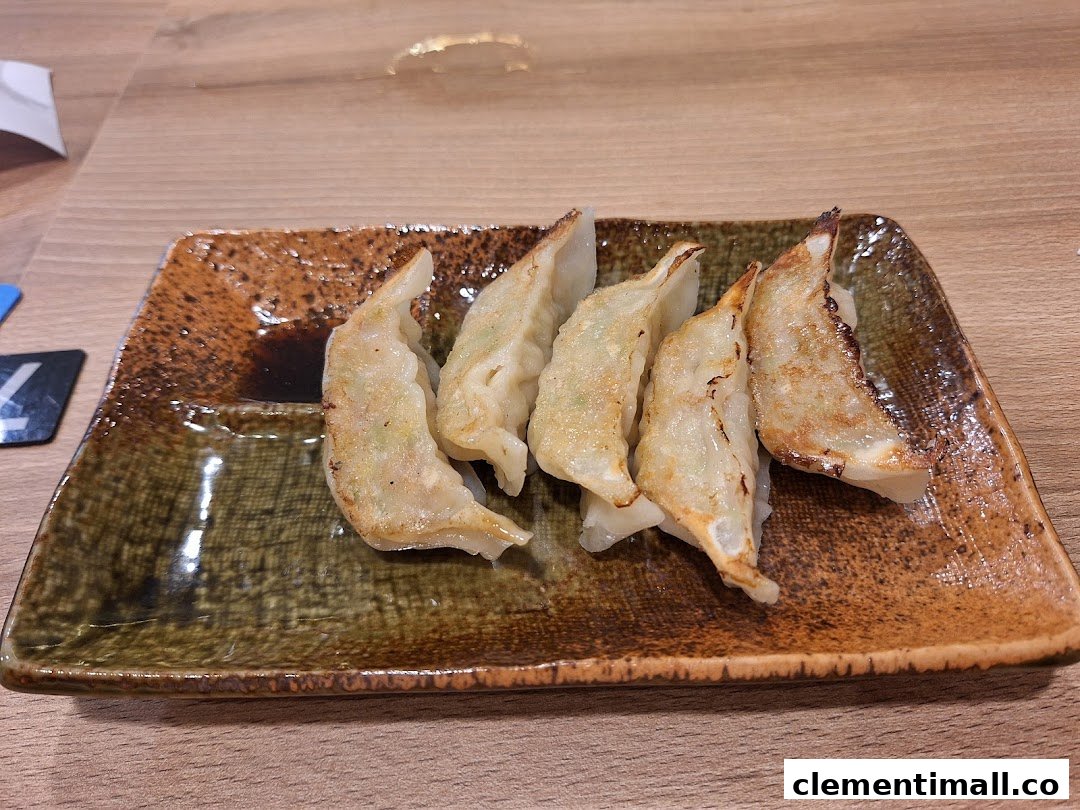 A plate of perfectly pan-fried gyoza with dipping sauce on a rustic ceramic dish.