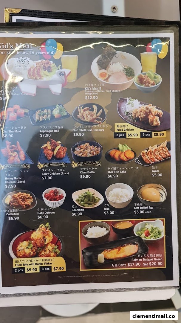 A detailed menu displaying various Japanese dishes, including ramen, fried chicken, and sides, with prices.