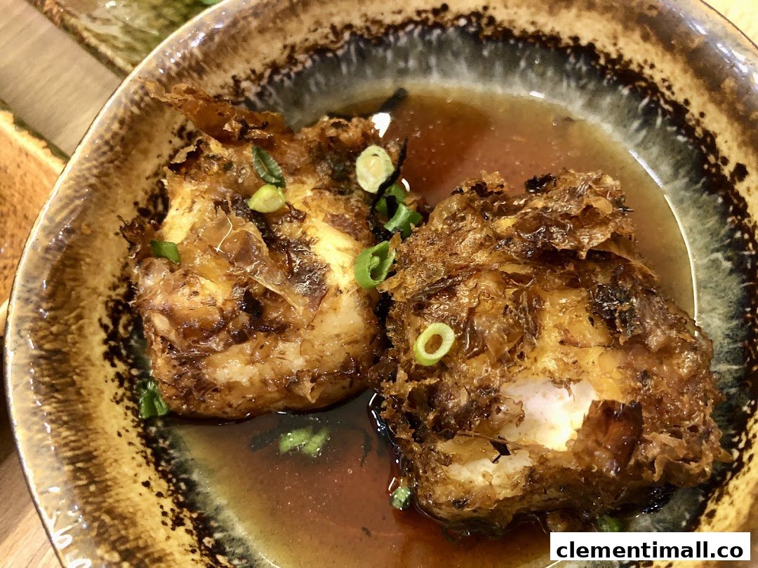 Close-up of two pieces of crispy fried food, possibly tempura, in a savory broth, garnished with green onions.