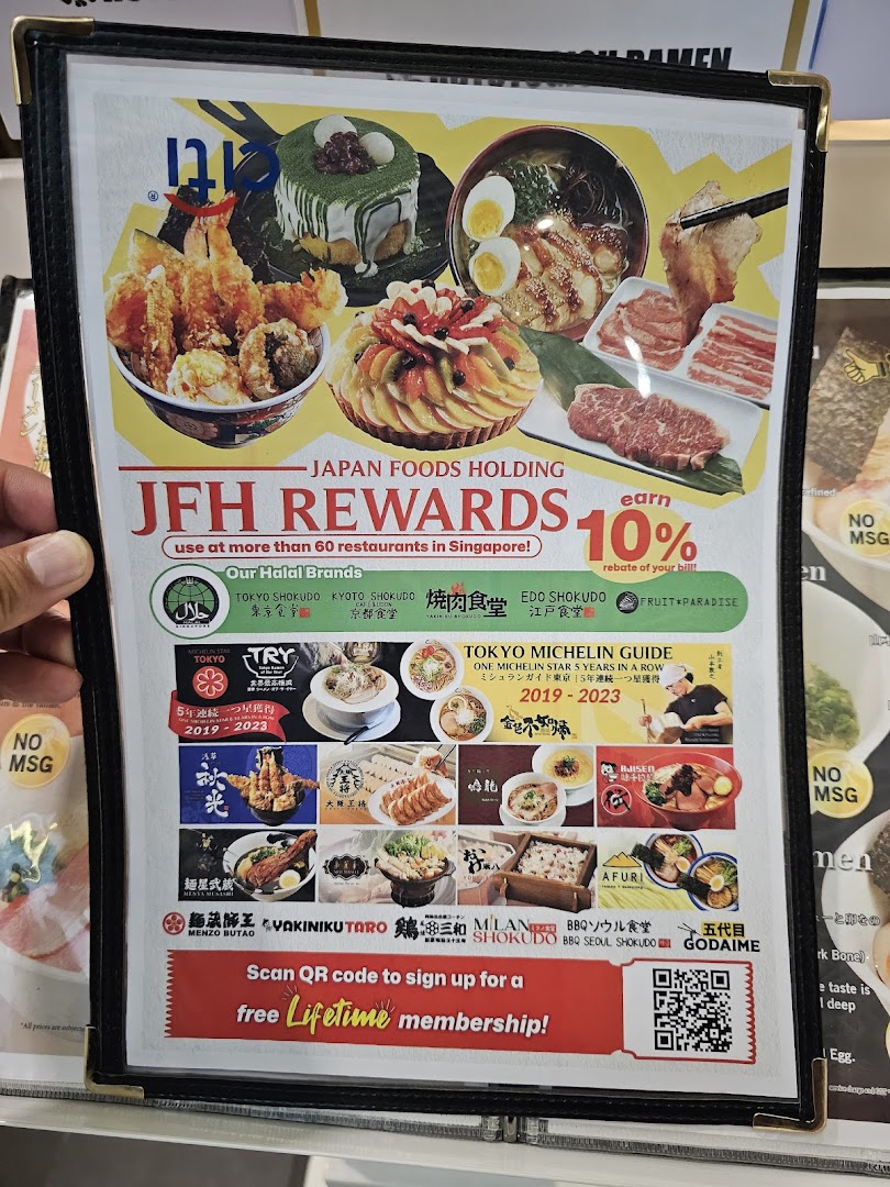 A promotional flyer for Japan Foods Holding's rewards program, showcasing diverse Japanese cuisine and affiliated restaurant brands.