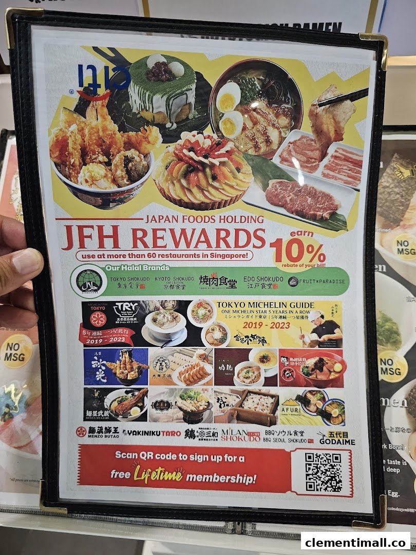 A promotional flyer for Japan Foods Holding's rewards program, showcasing diverse Japanese cuisine and affiliated restaurant brands.