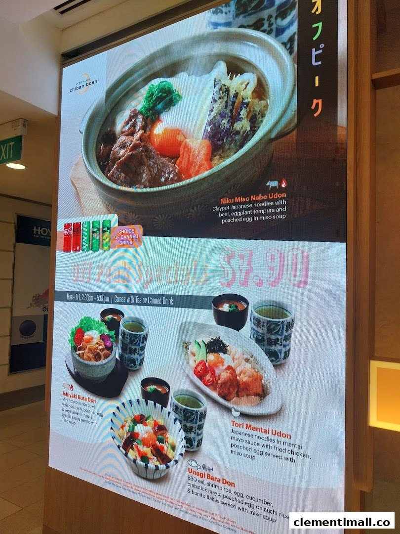 A digital menu board displaying Japanese dishes and an off-peak special offer.