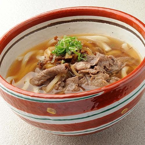 A close-up of a hearty bowl of Japanese udon noodles topped with tender sliced beef and green onions.