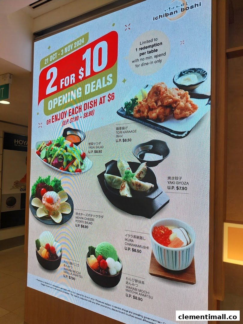 A promotional menu board for Ichiban Boshi featuring opening deals on various Japanese dishes.