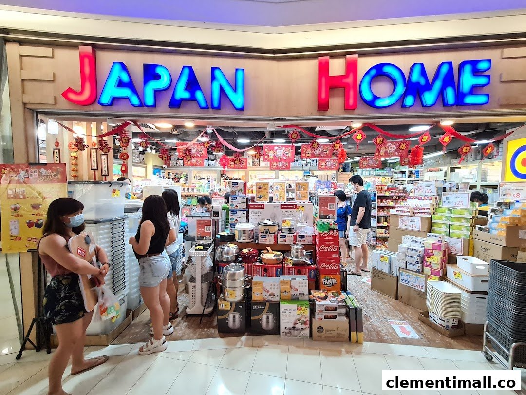 The vibrant entrance of Japan Home, showcasing a wide array of household products and shoppers.