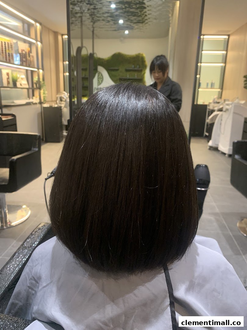 A client's freshly styled dark bob haircut from behind, with a stylist and modern salon interior visible.