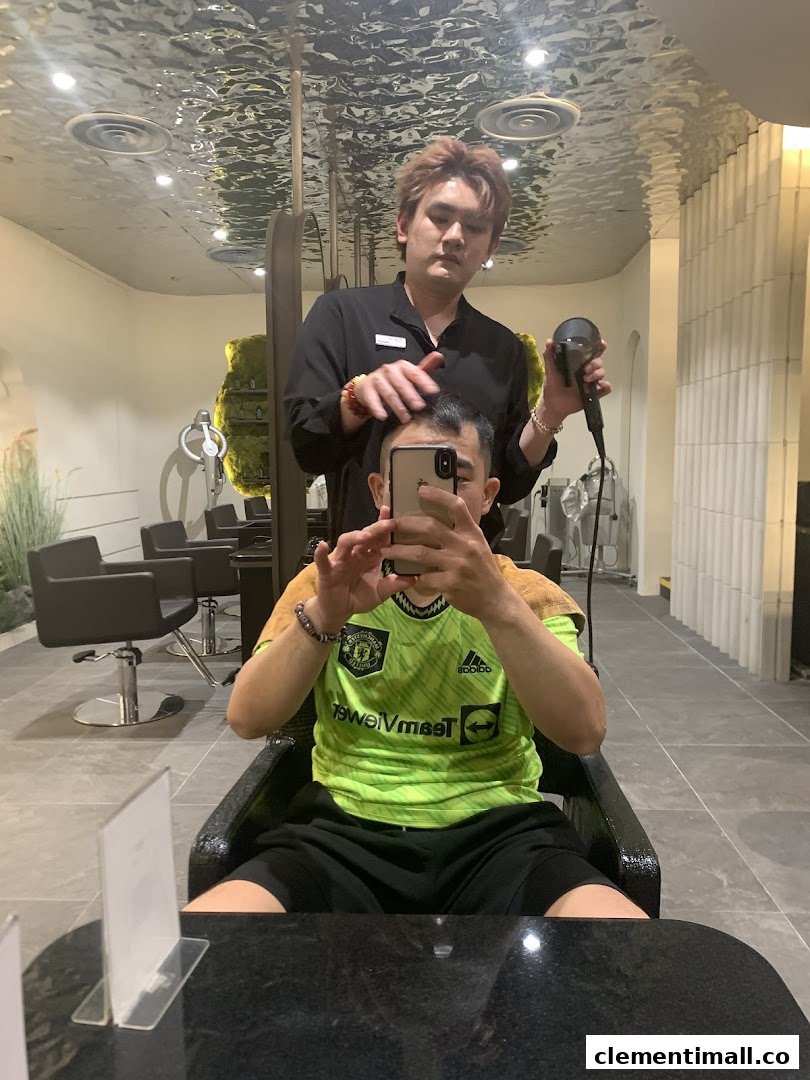 A stylist blow-drying a client's hair in a modern salon setting.